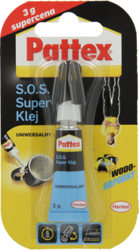 Pattex Super Klej 3g, uniwersalny i wodoodporny, w blistrze z żółto-czarną kartą, widok z przodu.