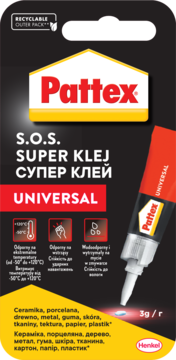 Pattex SOS Super Klej Universal 3g, czarne opakowanie z czerwoną tubką, widok przód, do ceramiki, metalu.