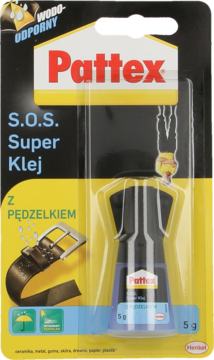 Pattex S.O.S. Super Klej wodoodporny z pędzelkiem 5g w blistrze, z ilustracją paska, widok z przodu.
