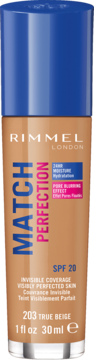 Rimmel Match Perfection podkład True Beige 203 w beżowej butelce z niebieskim dozownikiem, SPF 20, nawilżający.