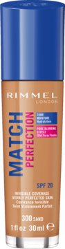 Beżowy podkład Rimmel Match Perfection 300 Sand SPF 20, nawilżający, z niebieską nakrętką, widok z przodu.