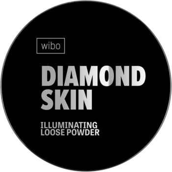 Wibo Diamond Skin rozświetlający puder sypki z kolagenem, w czarnym okrągłym opakowaniu z srebrnym napisem, widok z przodu.