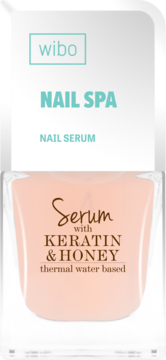 Wibo Nail Spa Nail Serum z keratyną, miodem i wodą termalną, w przezroczystej butelce z beżowym płynem, widok z przodu.