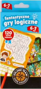 Kolorowe opakowanie "Fantastyczne gry logiczne" dla dzieci 6-7 lat, 120 stron. Widoczny labirynt, rysunki, czerwony ołówek.