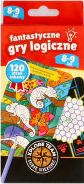 Czerwone pudełko "Fantastyczne gry logiczne" dla dzieci 8-9 lat z kameleonami i grafikami łamigłówek.
