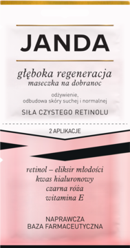 Biało-różowa saszetka maseczki JANDA Głęboka Regeneracja na dobranoc z retinolem, widok z przodu.