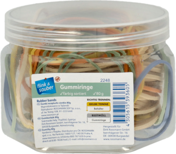 Przezroczysty, okrągły pojemnik Flink & Sauber z kolorowymi gumkami recepturkami 80g, widok z przodu.