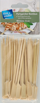 Bambusowe wykałaczki Partypicker flink & sauber, 48 szt., 12 cm, w opakowaniu z grafiką szaszłyków, widok z przodu.