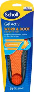 Opakowanie Scholl Gel Activ Work & Boot, żółto-niebieskie, z widocznymi pomarańczowymi żelowymi wkładkami amortyzującymi do pracy. Rozmiar S (35.5-40.5).