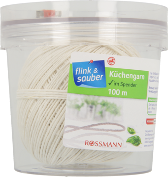 Biały sznurek kuchenny flink & sauber 100m w przezroczystym okrągłym dozowniku Rossmann, widok z przodu.