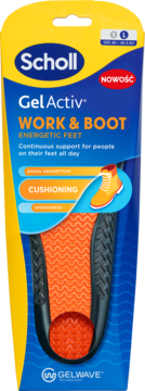 Scholl GelActiv Work & Boot, żelowe wkładki, pomarańczowo-czarne, w otwartym opakowaniu, rozmiar L 40-46.