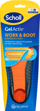 Opakowanie wkładek Scholl GelActiv Work & Boot. Pomarańczowo-czarne wkładki żelowe, widoczne przez wycięcie.