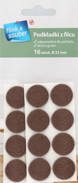 Brunatne, okrągłe filcowe podkładki meblowe Ø 22 mm, 16 sztuk, widoczne w opakowaniu z zielonym logiem.
