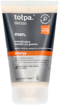 Tołpa Dermo Men Energizujący Balsam po Goleniu. Szaro-pomarańczowa tubka z białą nakrętką, widok z przodu.