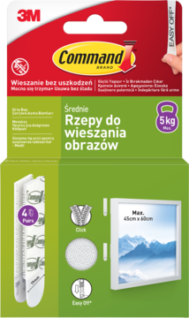Czerwono-białe opakowanie Command Rzepy do wieszania obrazów 5kg, z ilustracją łatwego montażu i pasków.