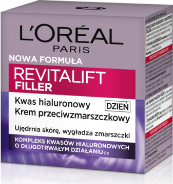 Krem przeciwzmarszczkowy L'Oréal Revitalift Filler Dzień z kwasem hialuronowym, fioletowe pudełko, przód.