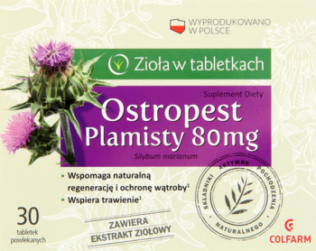 Suplement diety Ostropest Plamisty 80mg, fioletowo-zielone opakowanie z ilustracją ostu, 30 tabletek Colfarm.