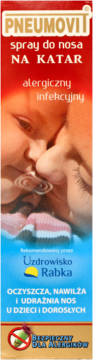 Pneumovit spray do nosa na katar alergiczny/infekcyjny. Widok przodu wysokiego opakowania z dzieckiem, czerwono-niebieskiego.