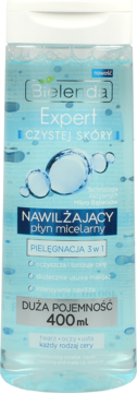 Bielenda Expert Nawilżający płyn micelarny 400ml, przezroczysta butelka z błękitną cieczą, front, 3w1.