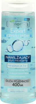 Bielenda Expert Nawilżający płyn micelarny 400ml, przezroczysta butelka z błękitną cieczą, front, 3w1.