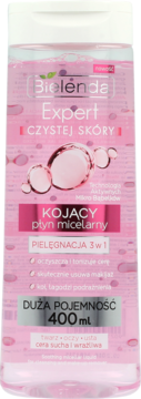 Różowy płyn micelarny Bielenda Expert Kojący 400ml do cery suchej i wrażliwej, widok z przodu.