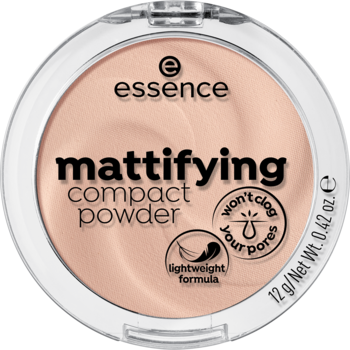 Okrągły puder matujący Essence Mattifying Compact Powder w odcieniu pastelowy beż, widok z góry na zamknięte białe opakowanie.