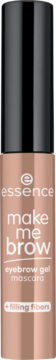 Essence Make Me Brow eyebrow gel mascara z włóknami, różowo-złota tuba z czarną nakrętką, widok z przodu.