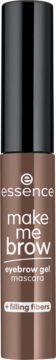 Brązowa butelka Essence Make Me Brow eyebrow gel mascara z czarną nakrętką, widok z przodu, z napisem +filling fibers.