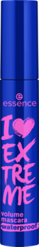 Granatowy tusz Essence I Love Extreme Volume Waterproof z różowym napisem i sercem, widok z przodu.