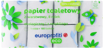 Biały papier toaletowy Europrofiti Eco, 8 rolek, 2-warstwowy, 100% z recyklingu, zielone wzory.