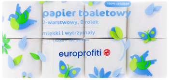 Białe opakowanie papieru toaletowego Europrofiti, 8 rolek, 2-warstwowy, miękki, z niebiesko-zielonym wzorem.
