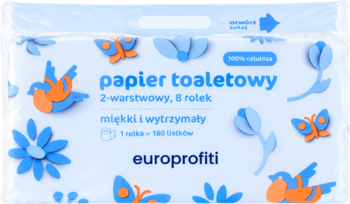 Białe opakowanie papieru toaletowego Europrofiti, 2-warstwowego, z niebiesko-pomarańczowymi motywami natury, 8 rolek.