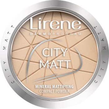 Lirene City Matt mineralny puder, odcień 02, srebrne okrągłe etui, widok z góry, geometryczny wzór.