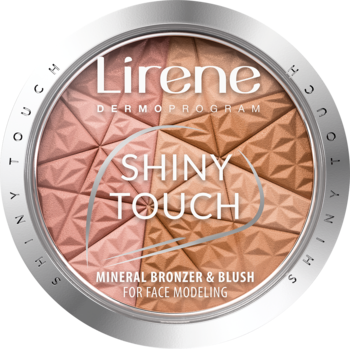 Srebrny kompakt Lirene Shiny Touch z fasetowanym mineralnym bronzerem i różem w odcieniach brązu i brzoskwini, widok z góry.