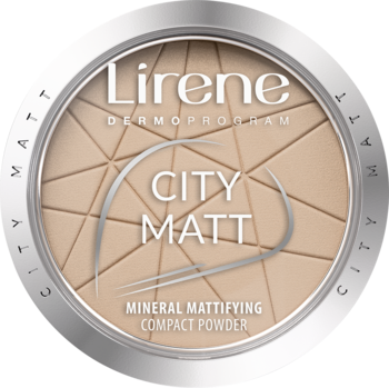 Beżowy mineralny puder matujący Lirene City Matt nr 03, okrągły, z geometrycznym wzorem, ujęcie z góry.