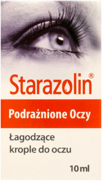 Front Starazolin Podrażnione Oczy 10ml, biało-czerwone opakowanie, łagodzące krople do oczu z okiem.