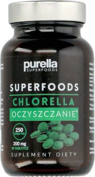 Ciemna butelka Purella Superfoods Chlorella Oczyszczanie, 250 tabletek suplementu diety, widok z przodu.