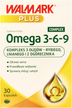 WALMARK PLUS Omega 3-6-9 suplement diety, widok z przodu. Biało-żółte opakowanie z kroplą oleju.