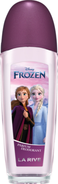 Front view of Frozen La Rive roll-on deodorant, light purple bottle, Anna and Elsa on label.