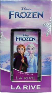 La Rive Disney Frozen II woda perfumowana dla dzieci, fioletowe opakowanie z Anną i Elsą, widok z przodu.