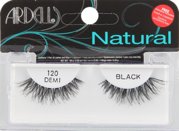 Ardell Natural sztuczne rzęsy, model 120 DEMI, czarne, w blistrze z klejem. Widok opakowania z przodu.