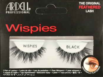 Ardell Wispies Professional: czarne sztuczne rzęsy Feathered Lash w pudełku. Widok z przodu, widoczne dwie pełne kępki.