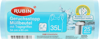 Rubin Geruchsstopp Müllbeutel z uchwytami, 35L, 25 sztuk. Niebieskie opakowanie worków z pochłaniaczem zapachu.