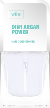 WIBO 9in1 Argan Power odżywka do paznokci, przezroczysta butelka z białą etykietą i turkusowym tekstem, widok z przodu.