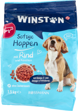 Winston Saftige Happen karma dla psów, wołowina z marchewką, niebieska torba z beaglem, widok z przodu.