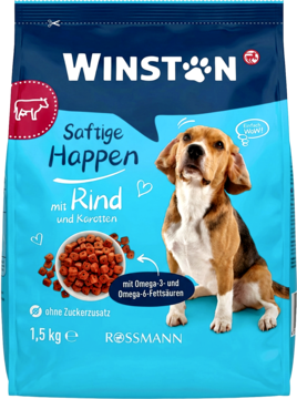 Niebieska torba karmy Winston Soczyste Kąski 1.5kg dla psów, z wołowiną, marchewką i wizerunkiem beagla.