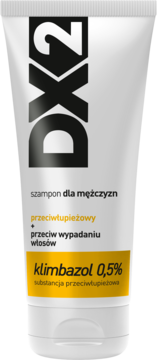 DX2 szampon dla mężczyzn przeciwłupieżowy i na wypadanie włosów, biała tuba z czarno-żółtą etykietą, widok z przodu.