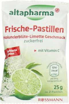 Front biało-zielonej saszetki Altapharma Frische-Pastillen, Holunderblüte-Limette, z wit. C, bez cukru.