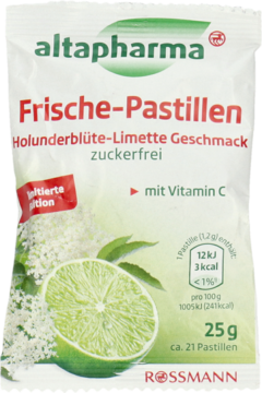 Front biało-zielonej saszetki Altapharma Frische-Pastillen, Holunderblüte-Limette, z wit. C, bez cukru.