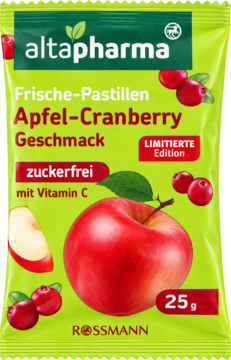 Zielona paczka Altapharma Apfel-Cranberry pastylek zuckerfrei z witaminą C, jabłko i żurawina, 25g.